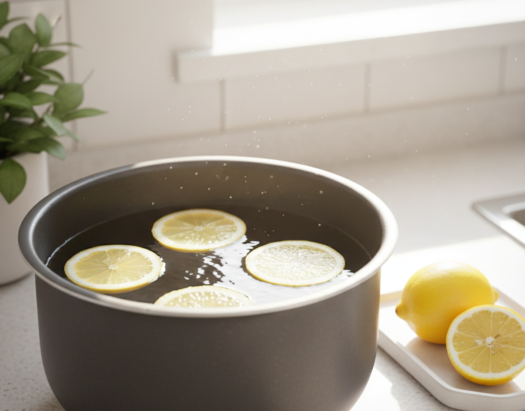 밥솥 내솥에 물과 레몬을 넣어 냄새를 제거하는 장면, 밥솥 냄새 제거와 관리 방법 이미지