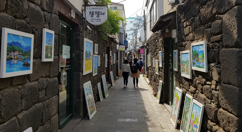 애월 곽지 지역의 돌담길과 소규모 갤러리가 있는 예술 골목