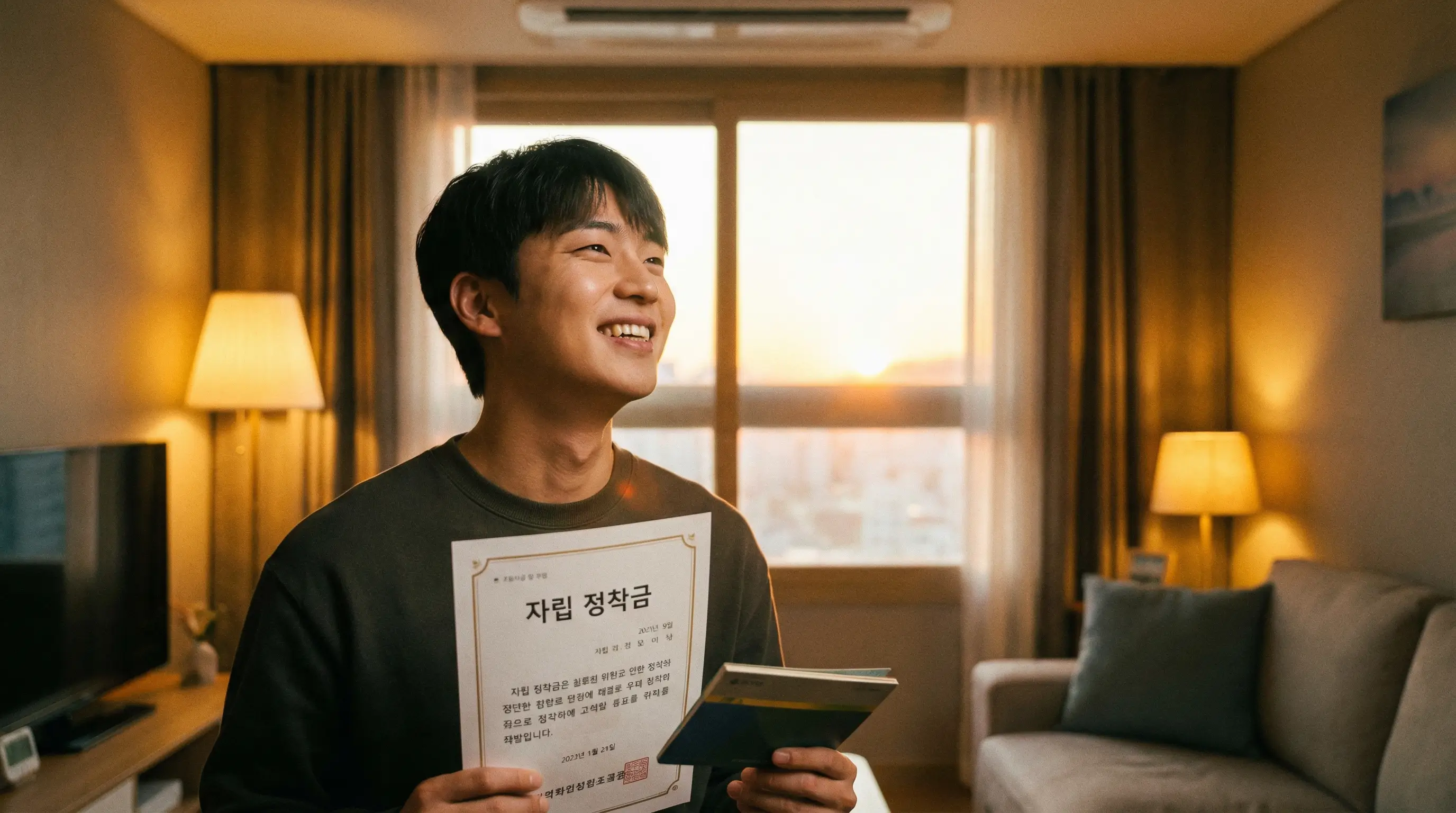 밝은 표정의 청년이 자립 정착금과 통장을 들고 희망찬 미래를 꿈꾸는 모습, 따뜻한 조명