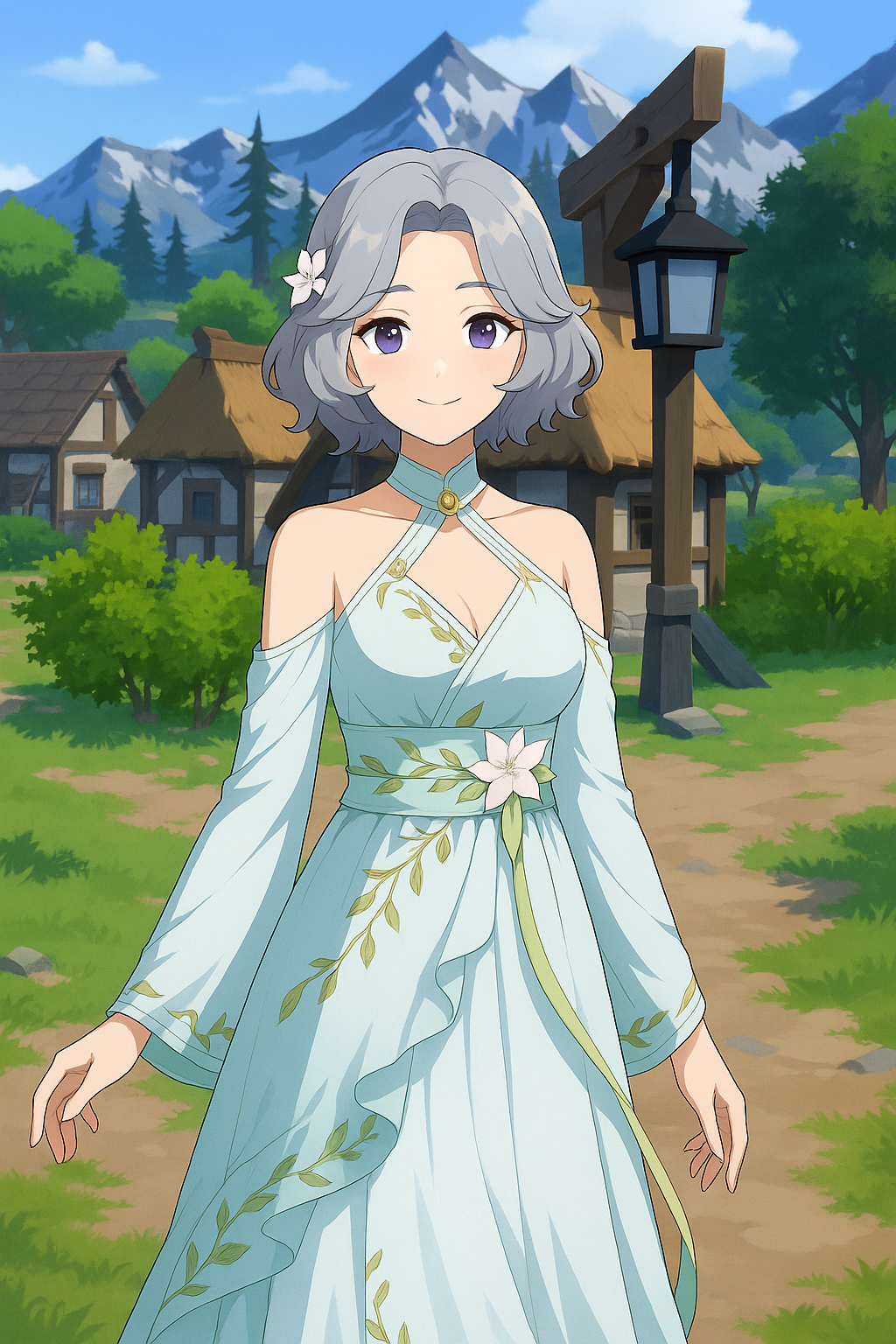 초록 마을 배경 앞에서 포즈를 취한 은회색 단발 머리의 화이트 드레스를 입은 애니메이션 스타일 여성 캐릭터 일러스트