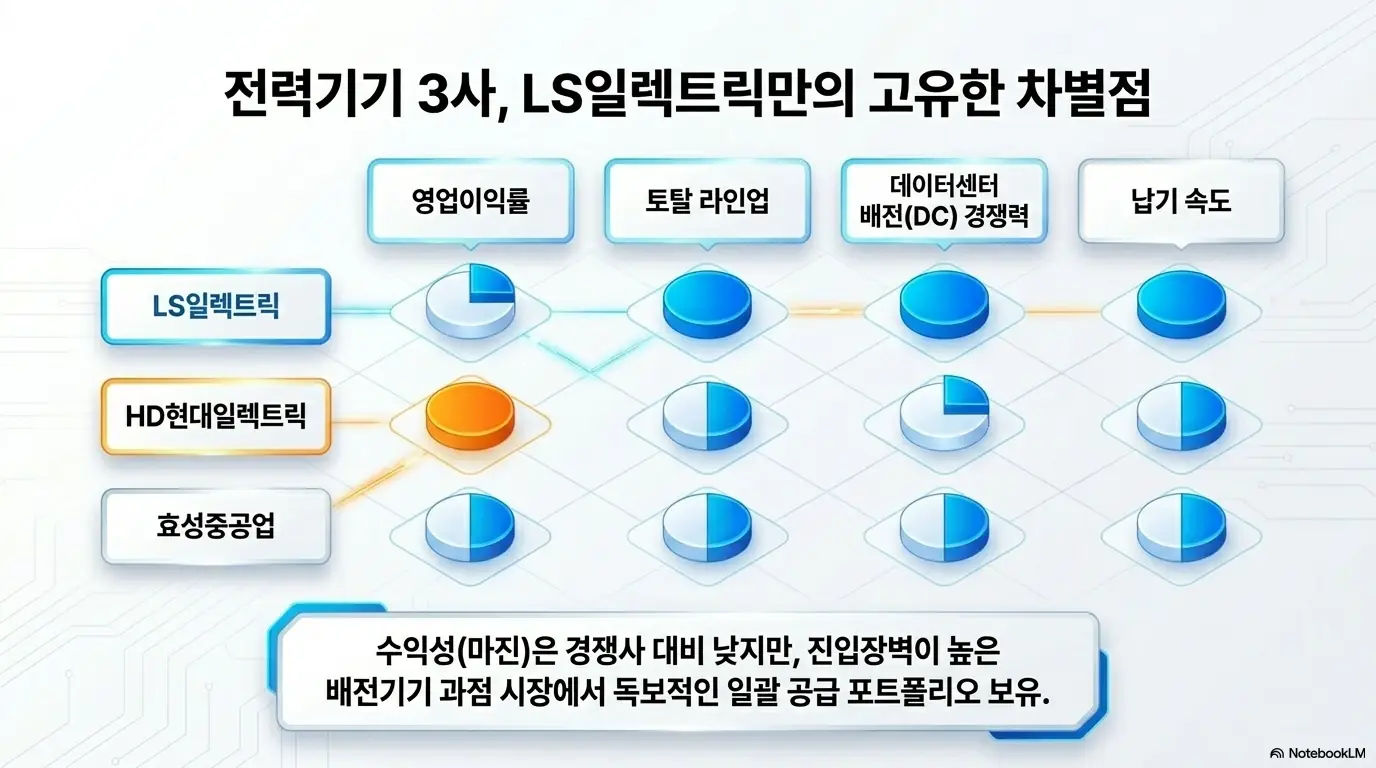 LS일렉트릭 주가 전망: 국내 전력기기 3사인 LS일렉트릭&amp;#44; HD현대일렉트릭&amp;#44; 효성중공업을 영업이익률&middot;토탈 라인업&middot;데이터센터 직류 배전 경쟁력&middot;납기 속도 항목으로 비교한 표 형태 인포그래픽. LS일렉트릭은 수익성은 경쟁사 대비 낮지만 진입장벽이 높은 배전기기 과점 시장에서 독보적인 일괄 공급 포트폴리오를 보유했다는 차별점을 보여준다. 