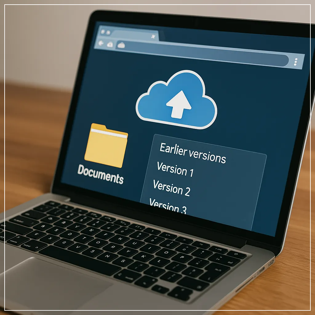 클라우드 문서 백업과 버전 이력을 보여주는 노트북 화면 이미지