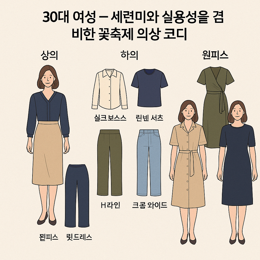 30대 여성 &ndash; 세련미와 실용성을 겸비한 꽃축제 의상 코디