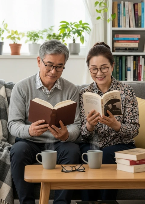 60대 부부가 책을 읽으며 두뇌 건강을 관리하는 모습
