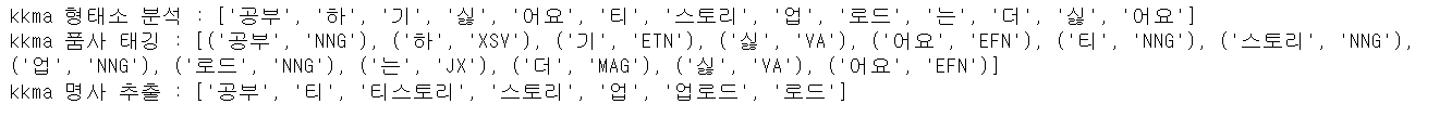 kkma 형태소 분석기를 사용해 텍스트 토큰화를 진행한 결과