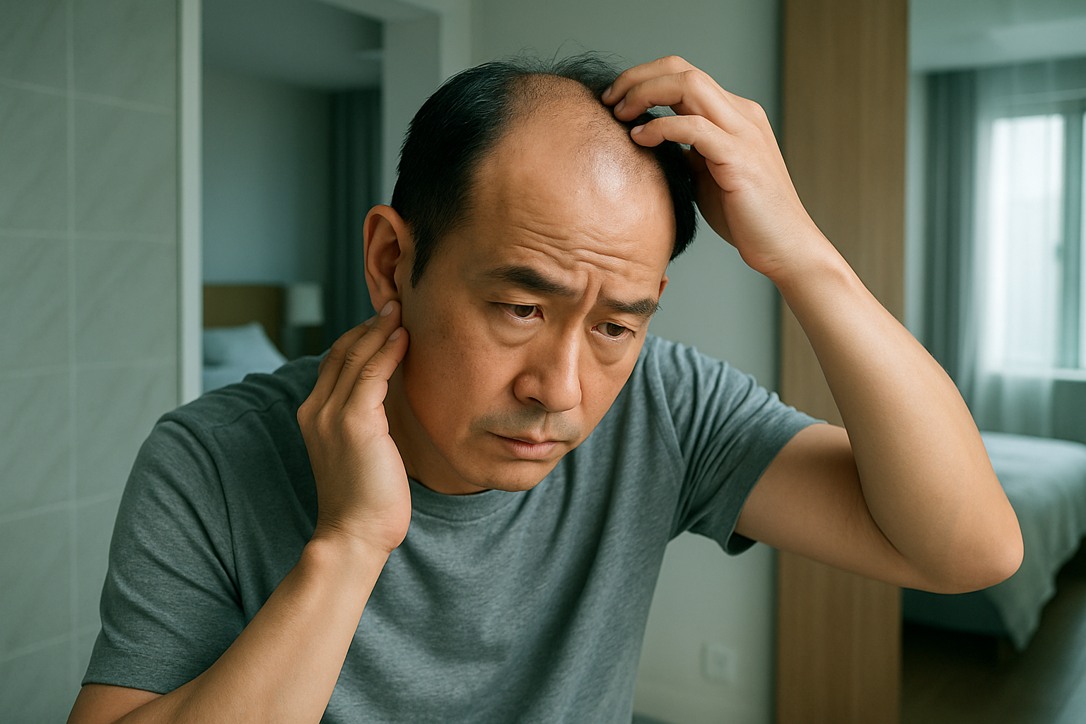 중년 남성이 탈모로 고민하고 있는 모습