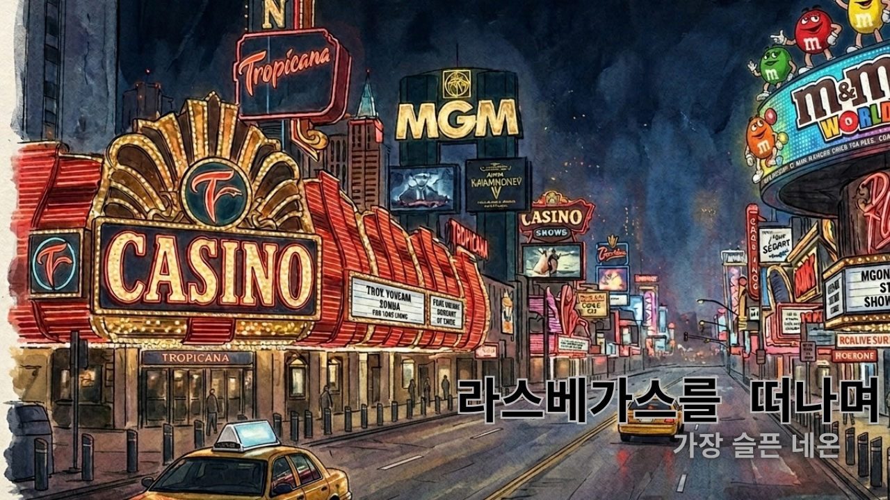 영화 라스베가스를 떠나며(1995) 리뷰 썸네일, 네온으로 가득한 라이베이거스 거리와 택시, 화려하지만 쓸쓸한 도시의 분위기를 담은 감성 일러스트