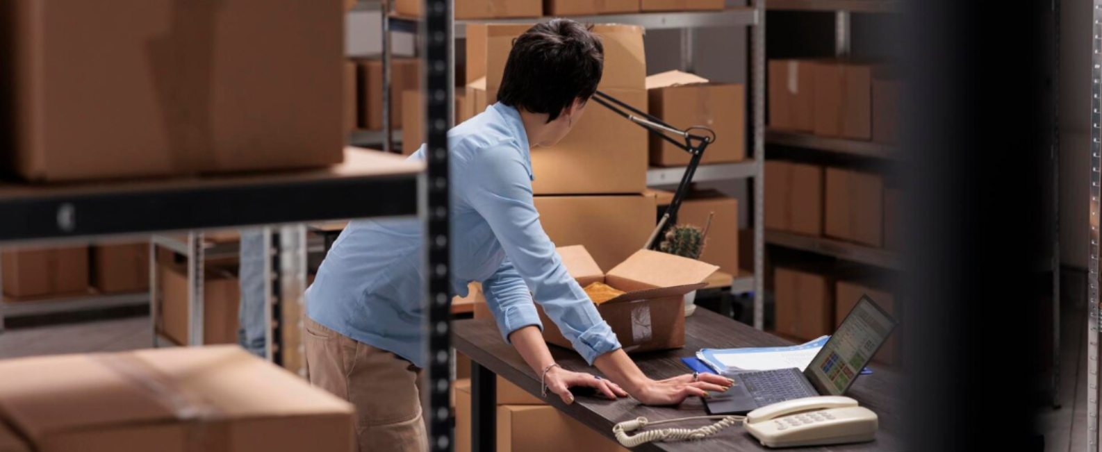 작업자가 창고에서 WMS에 데이터를 입력하고 있는 모습
