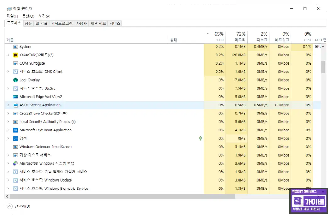 작업 관리자에서 의심스러운 프로세스를 확인하고 작업 끝내기를 선택하는 화면