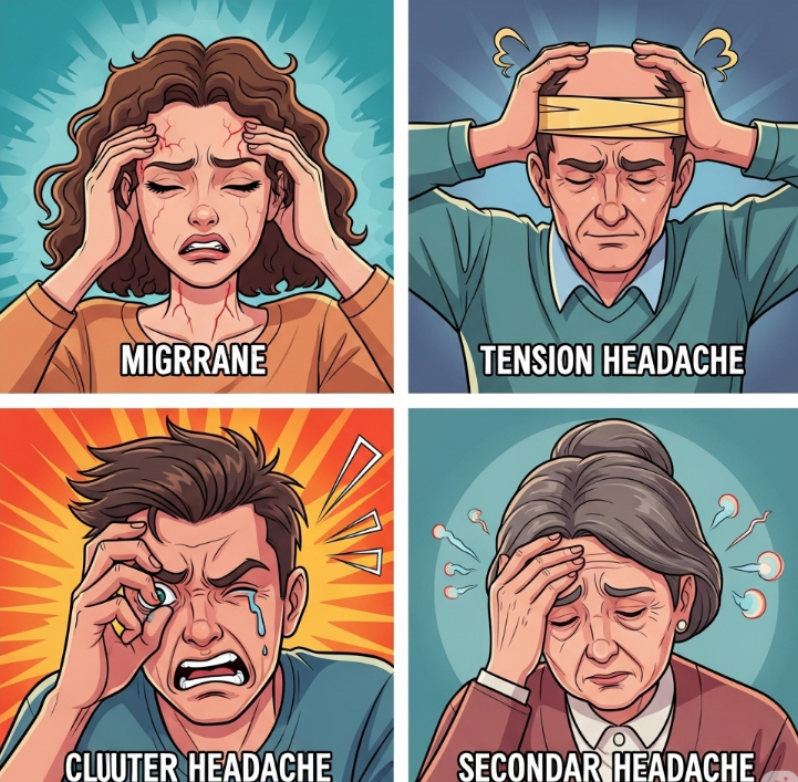 다양한 두통의 종류를 시각적으로 표현한 이미지