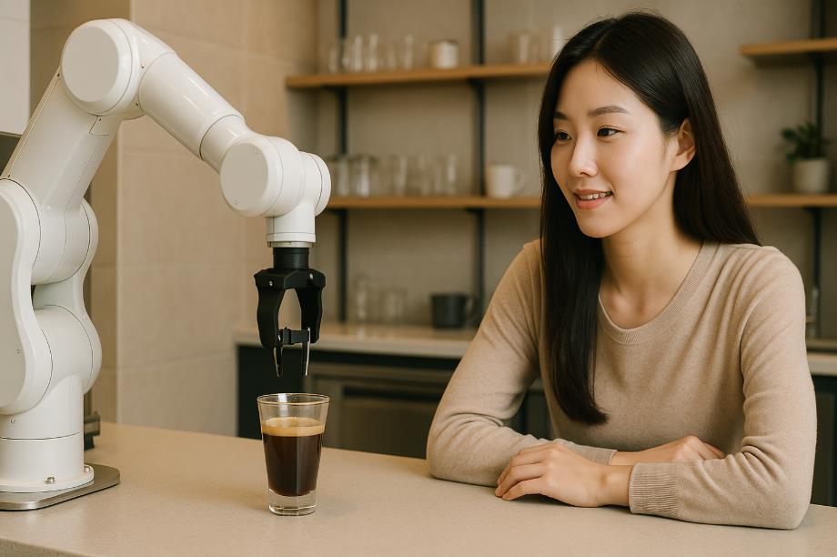 카페에서 로봇 팔이 커피를 내리는 모습을 바라 보는 여성