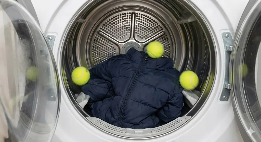 숨 죽은 패딩을 되살리기 위해 건조기 안에 테니스 공과 함께 패딩을 넣고 돌리는 세탁 꿀팁 이미지