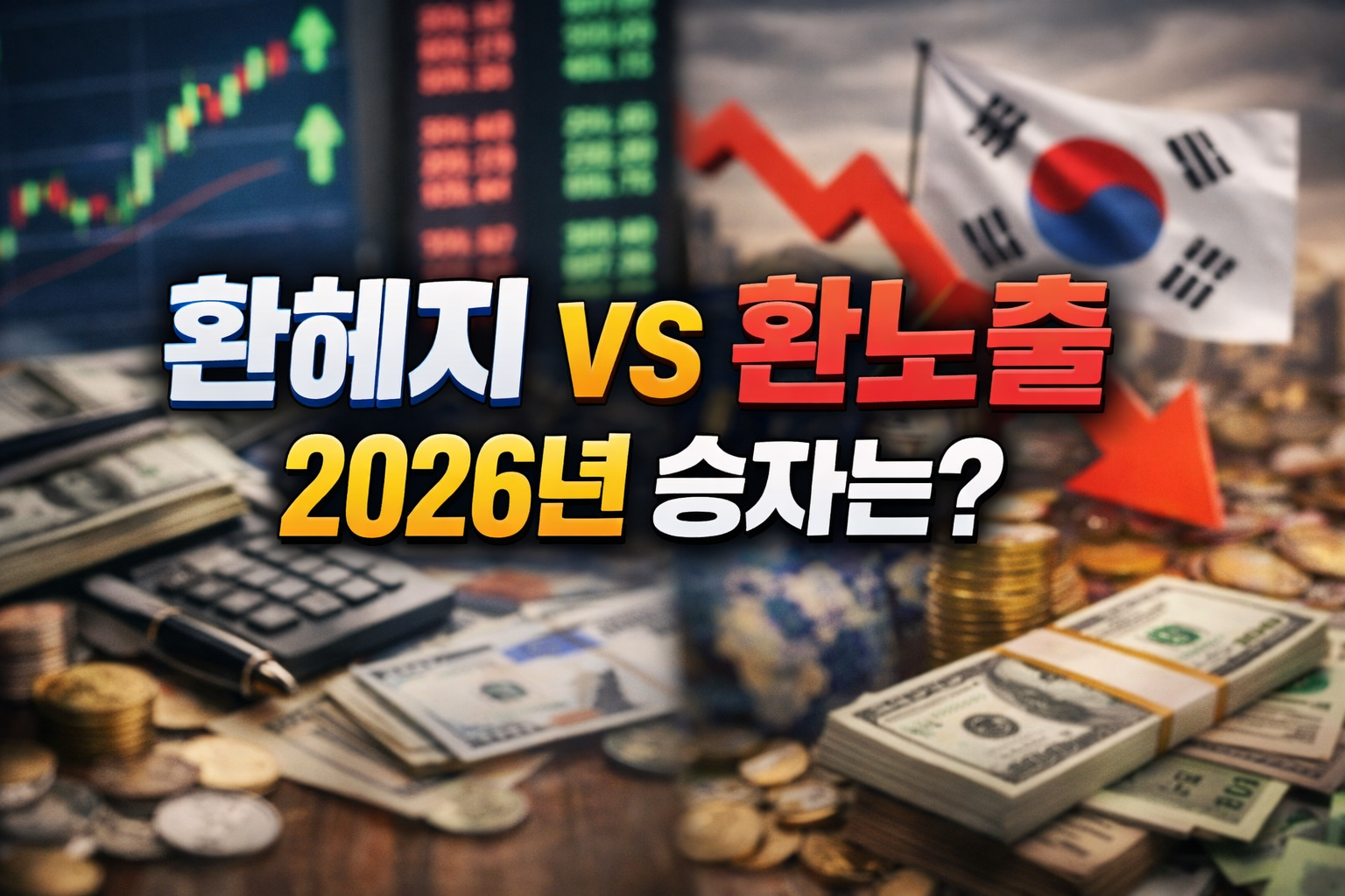 &lsquo;환헤지 vs 환노출, 2026년 승자는?&rsquo; 문구가 중앙에 크게 배치된 썸네일. 배경에는 주가 차트와 수치 패널, 태극기, 하락 화살표, 달러 지폐와 동전이 아웃포커스로 흐리게 보인다.