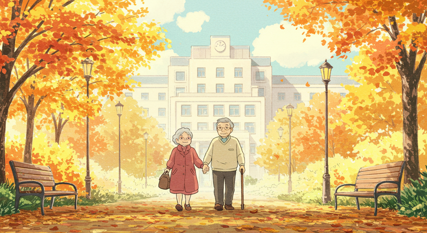 노부부가 공원을 걷는 따뜻한 모습