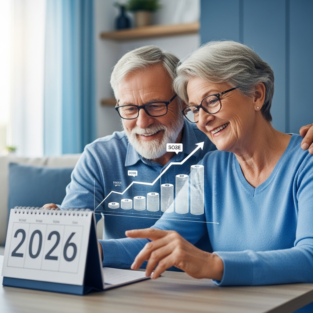 2026년 기초연금 인상을 확인하며 미소 짓는 노부부의 모습, 안정된 노후를 상징합니다.