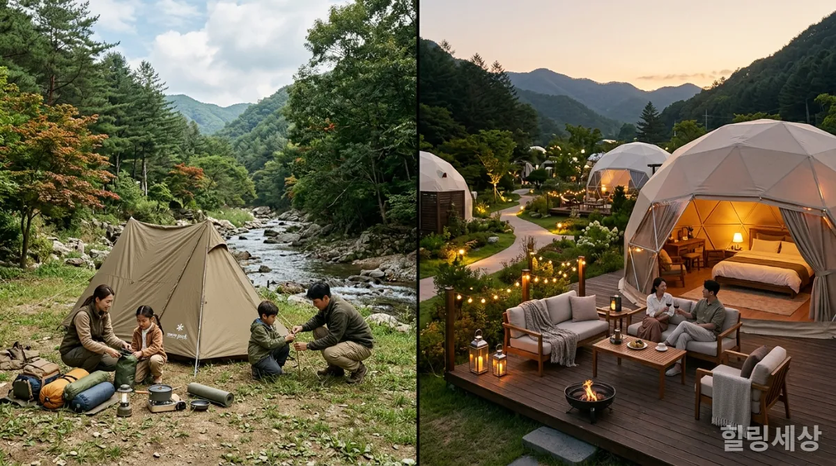캠핑 텐트와 글램핑 텐트를 나란히 비교하는 모습
