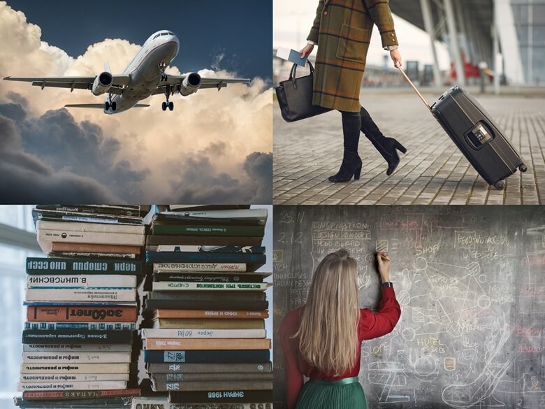유학휴직제도관련 좌측상단부터 흰색 비행기가 하늘을 날고 있는 모습과 공항에서 왼손으로 캐리어를 끌고가고 있는 여성의 모습이며 하단좌측부터 두줄로 수십권의 책이 위로 쌓여있는 모습과 금발의 긴머리에 빨간색 셔츠를 입은 여성이 칠판에 여러가지 도형과 글자/숫자를 적고있는 뒷모습