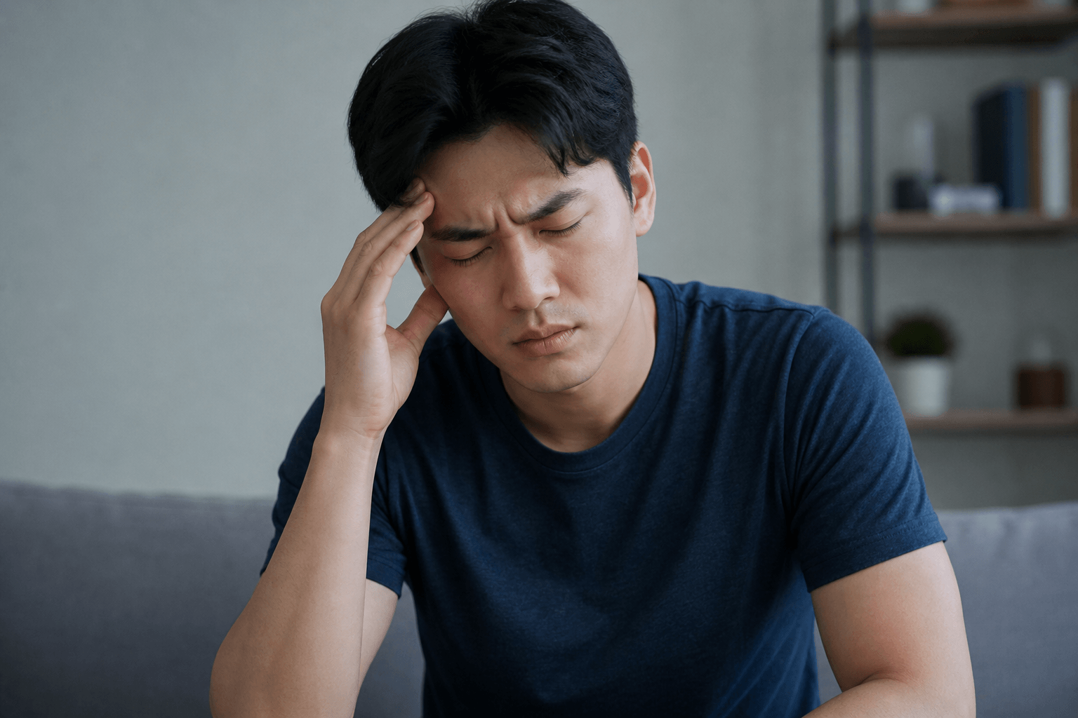 머리를 짚고있는 남자 사진