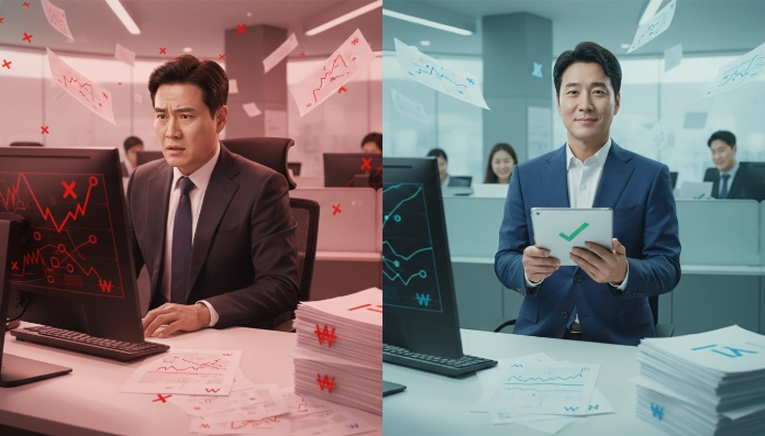 베트남 송금 실패로 혼란스러워하는 한국인 남성과 성공적으로 송금을 마친 후 만족스러워하는 한국인 남성의 모습을 대비한 이미지.