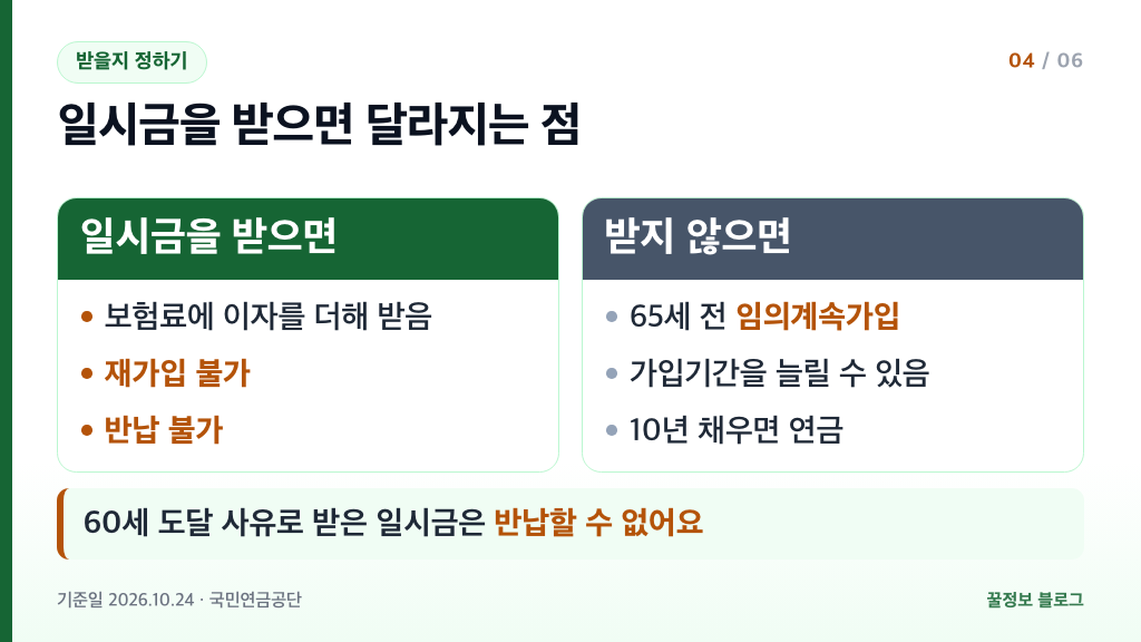 국민연금 일시금을 받으면 재가입 반납 불가와 받지 않으면 임의계속가입으로 연금 가능 비교