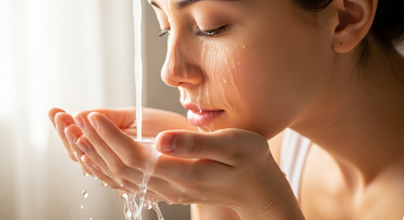 여성이 쌀뜨물로 부드럽게 세안하며 맑고 깨끗해진 피부를 가꾸는 모습.