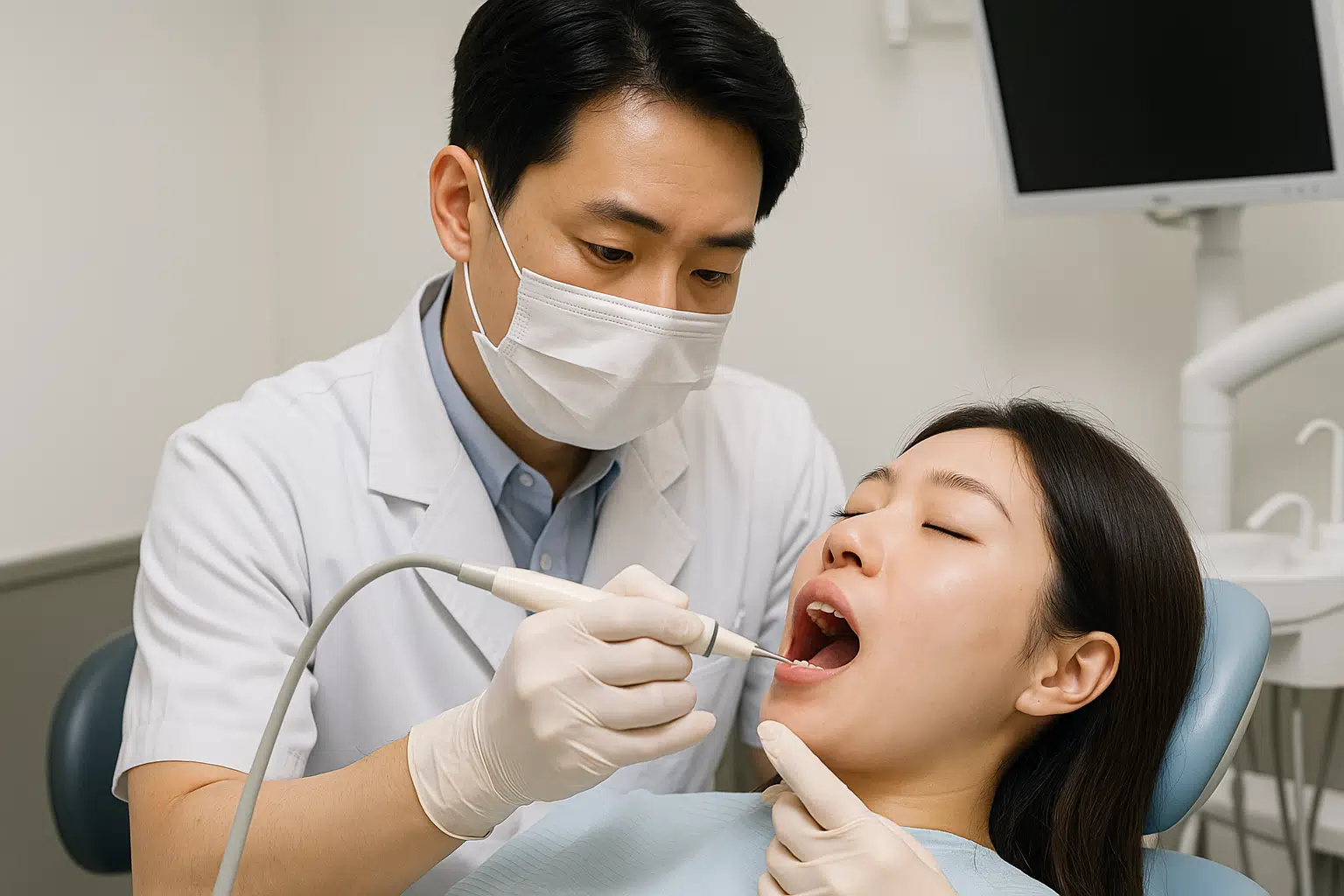 치과의사가 초음파 스케일러로 환자의 치아에서 치석을 제거하는 장면