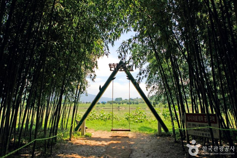 대나무숲사이로 그네가 있다