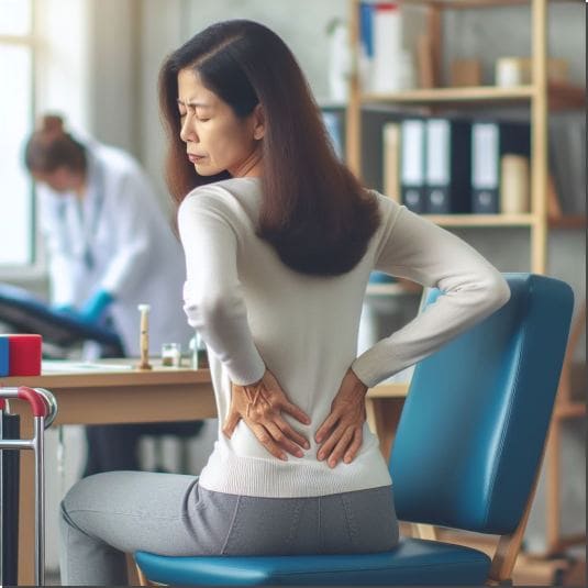 척추 질환으로 왼쪽 옆구리 뒷쪽 통증이 있는 여성