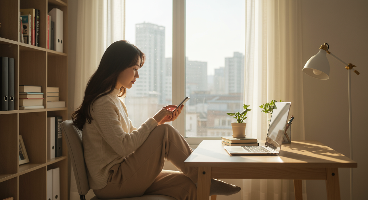 스마트폰으로 온라인 거래 계좌를 여는 젊은 여성의 일상