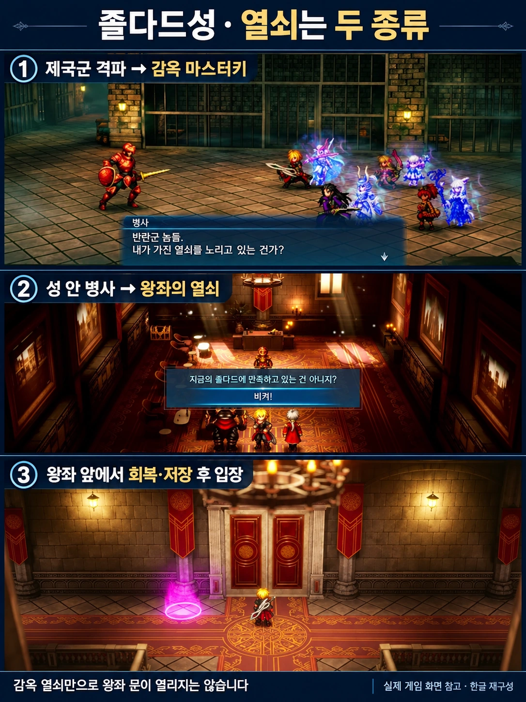 졸다드성 감옥 마스터키와 성 안 왕좌의 열쇠 및 왕좌 문 입장 장면을 나눈 한글 이미지