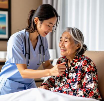 할머니를 간병하고있는 사람