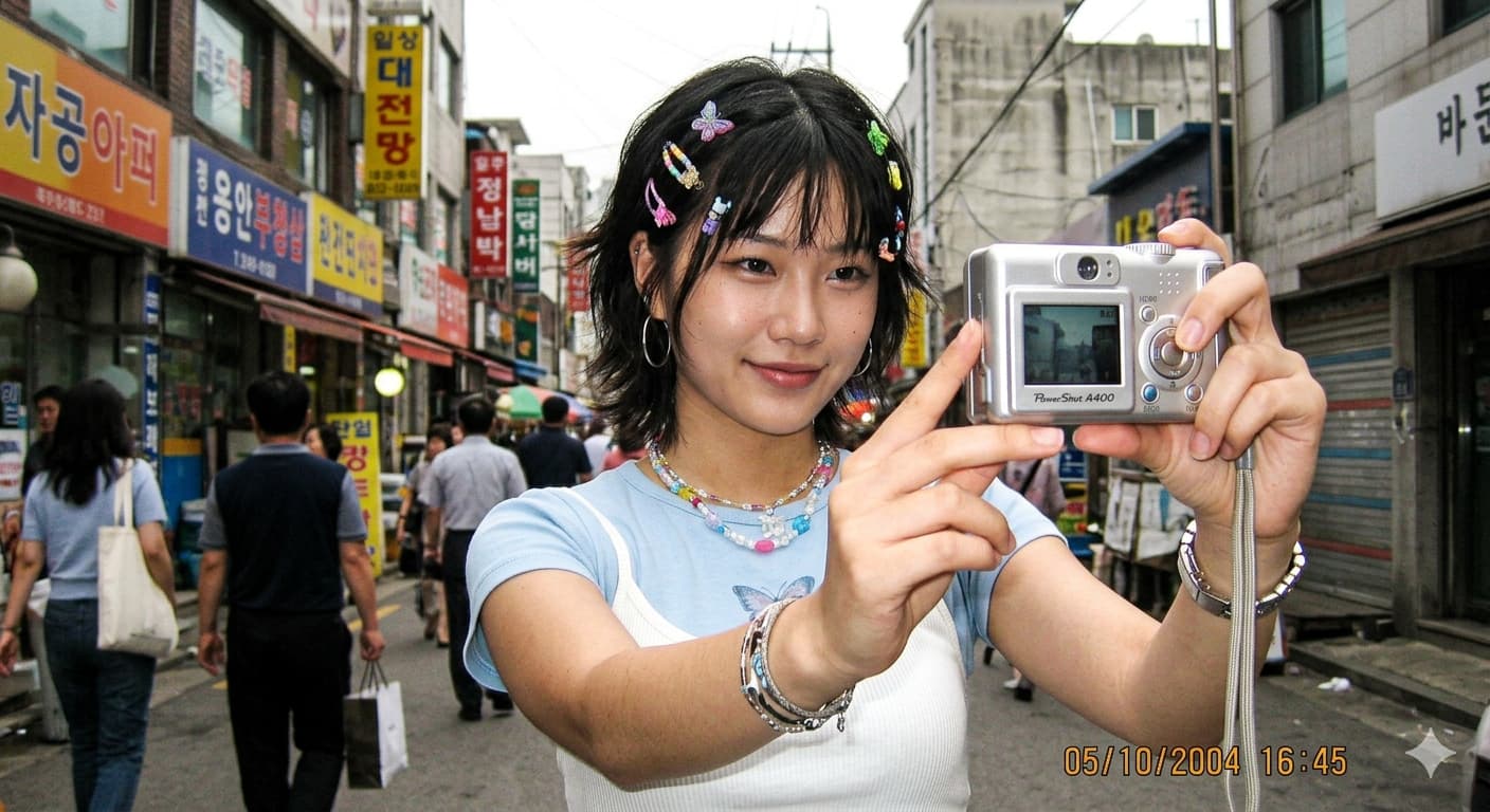 실버 컬러의 캐논 파워샷 A400 빈티지 디카를 들고 거울 셀카를 찍는 Y2K 스타일의 여성. CCD 센서 특유의 노이즈와 물빠진 색감이 강조된 레트로 인물 사진.