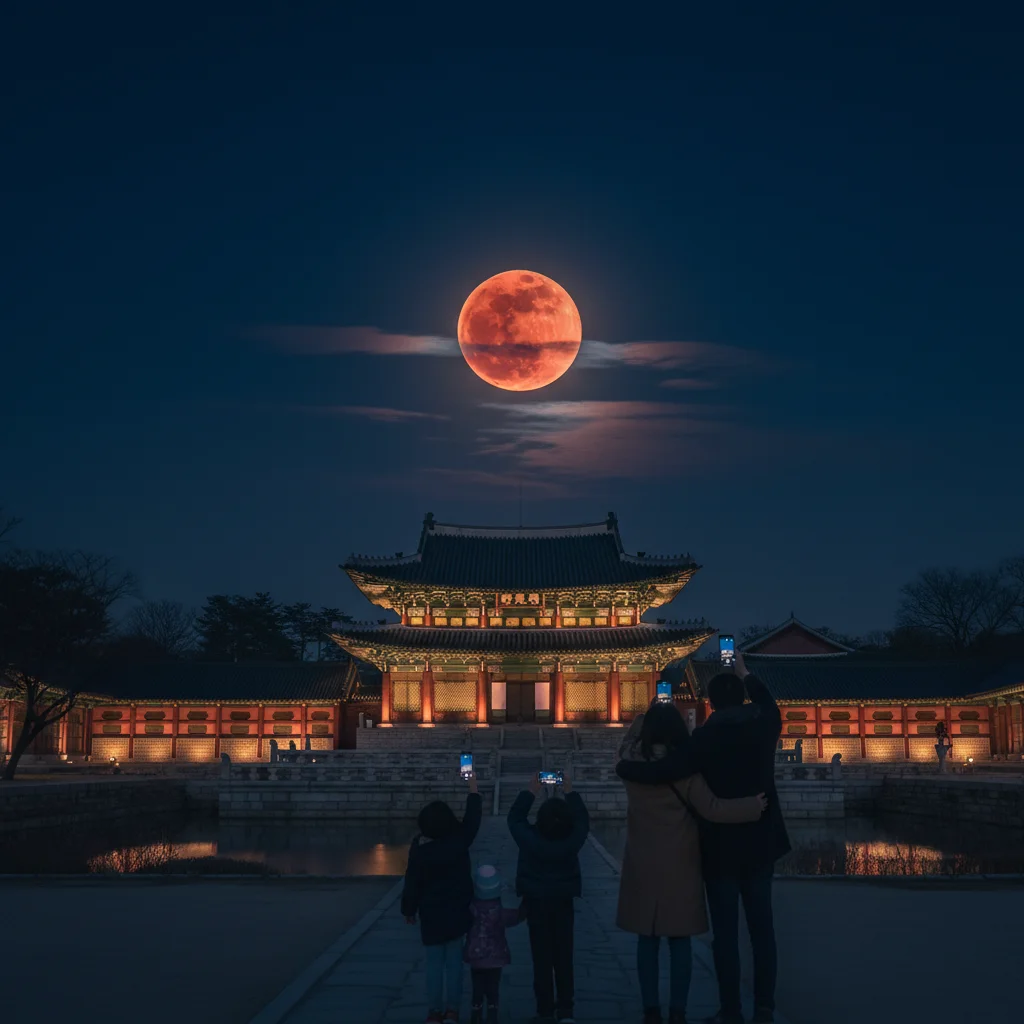 2026년 3월 3일 정월대보름 밤하늘에 뜬 붉은 개기월식(블러드문)과 이를 스마트폰으로 촬영하는 사람들의 모습을 담은 풍경