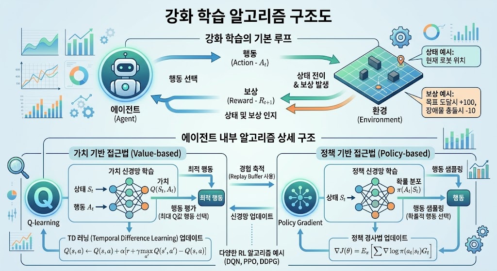 에이전트가 환경과 상호작용하며 보상을 받고 학습하는 프로세스를 나타내는 구조도