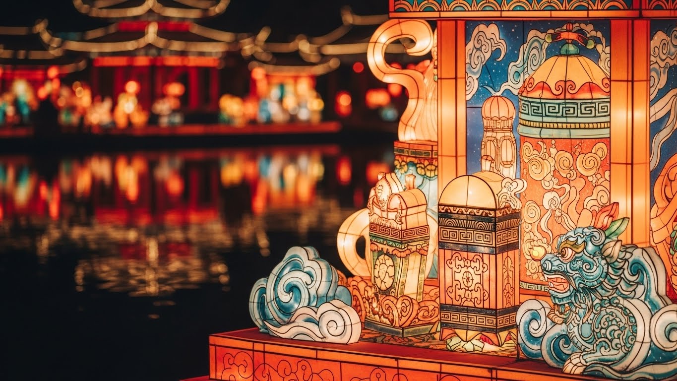 2026 장안 등불 축제 대당부용원에서 전시된, 부활한 국보를 섬세하게 표현한 전통 등불의 클로즈업. 따뜻한 빛이 디테일을 살려주고 있다.