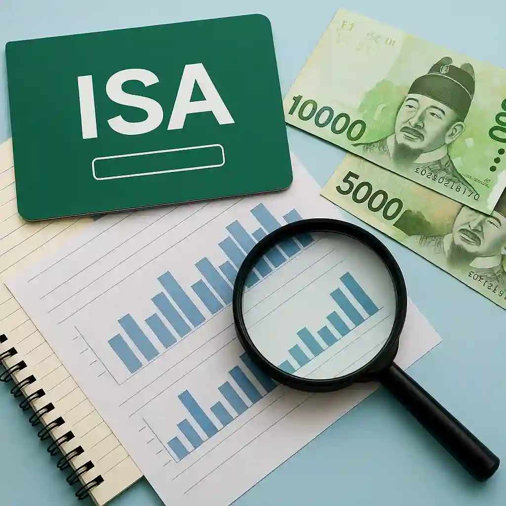 ISA 계좌와 재테크를 상징하는 이미지, 그래프 자료와 돋보기, 원화 지폐가 함께 배치된 장면