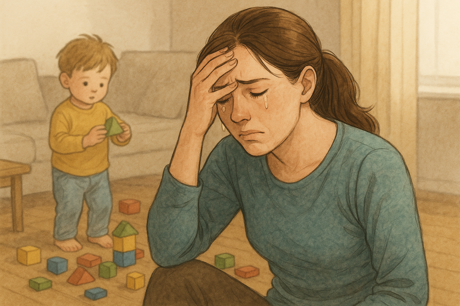 슬픔 속의 엄마와 아이