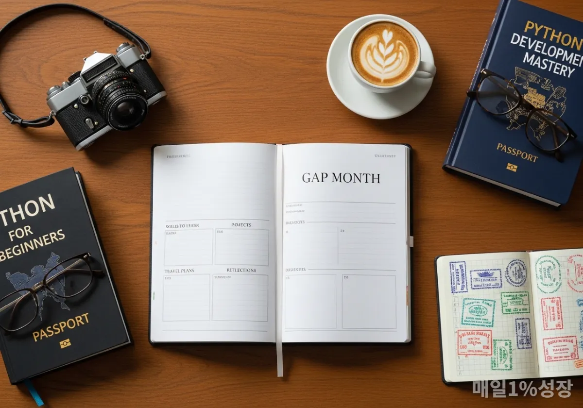 전략적 갭 먼스를 계획하는 다이어리와 자기계발 도구들이 놓인 책상 이미지