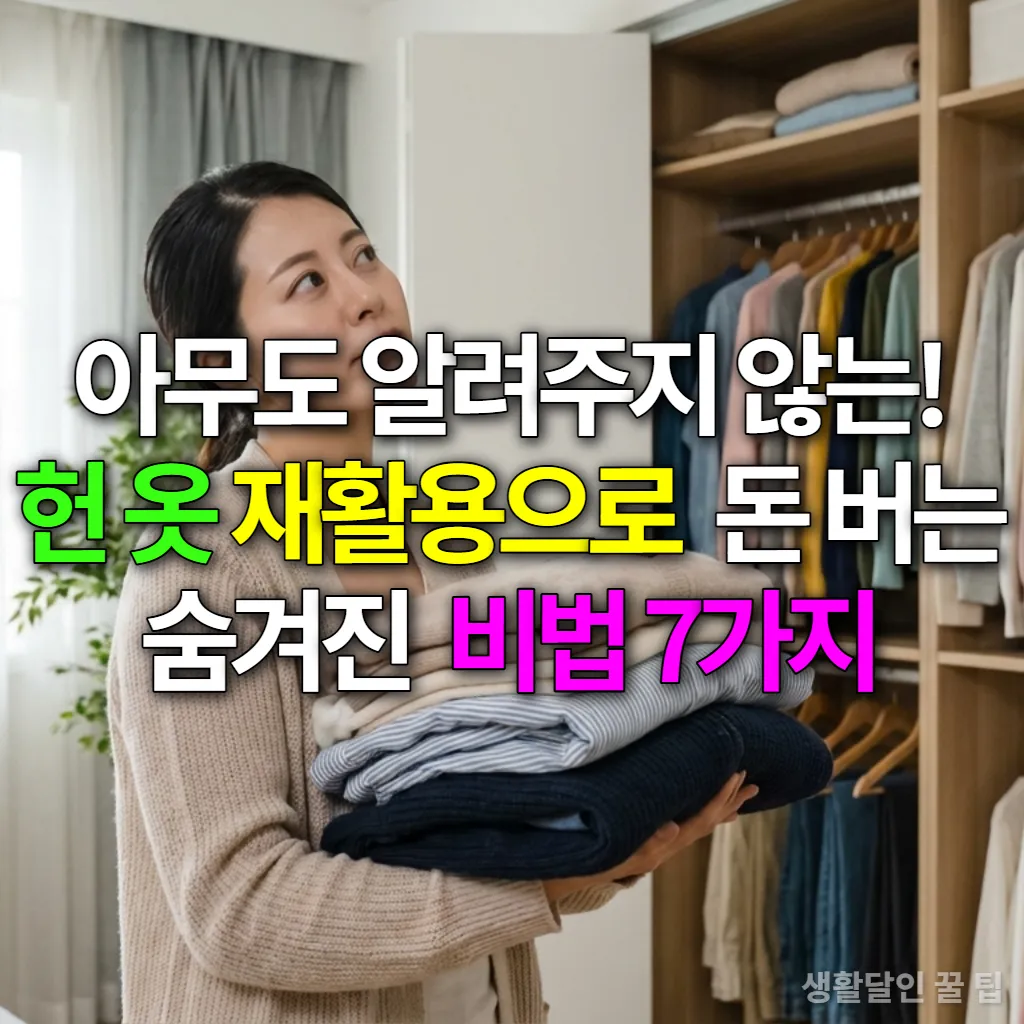 옷장 앞에서 헌 옷 더미를 들고 있는 한국인 여성