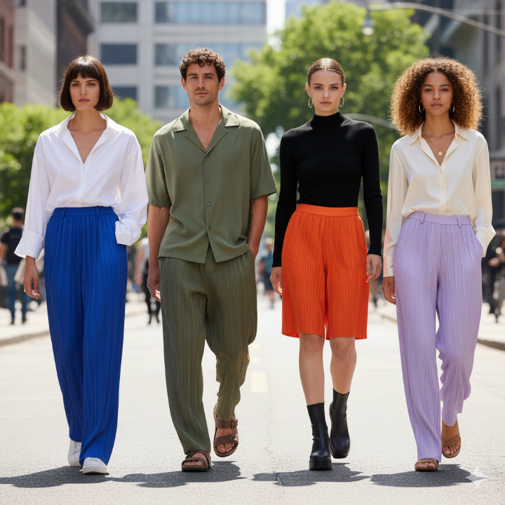 다양한 색상의 플리츠 팬츠를 코디한 착용샷