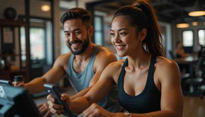 운동 중 웃는 부부 모습의 사진