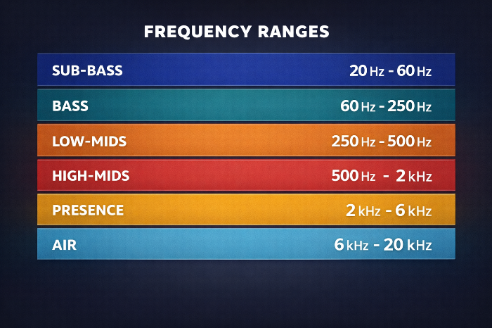 가청 주파수 대역별 명칭과 표준 범위를 정리한 인포그래픽 가이드