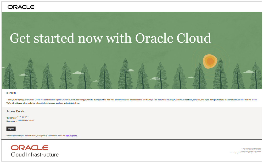 설정한 이메일로 가입 성공 메일이 날아온다. Cloud Account, Username 이 정리되어 있다.