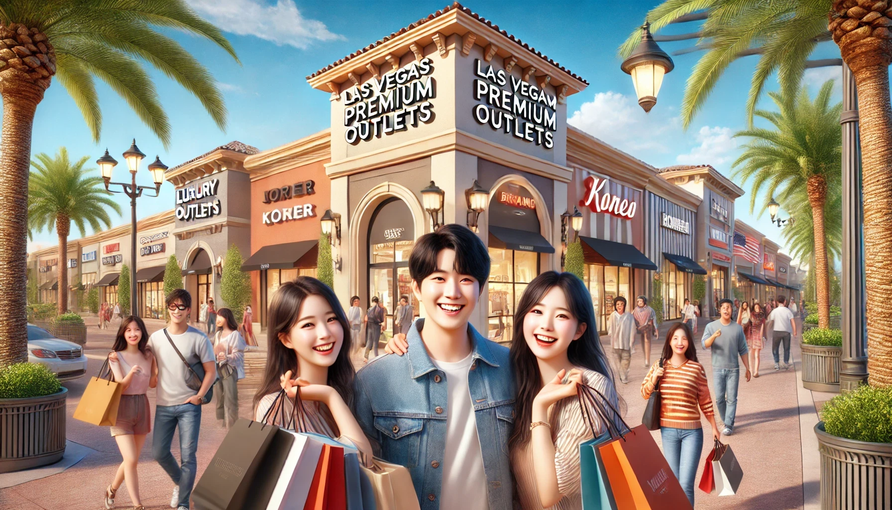 라스베이거스 프리미엄 아울렛의 외관과 브랜드 쇼핑백 들고 환하게 웃는 사람들