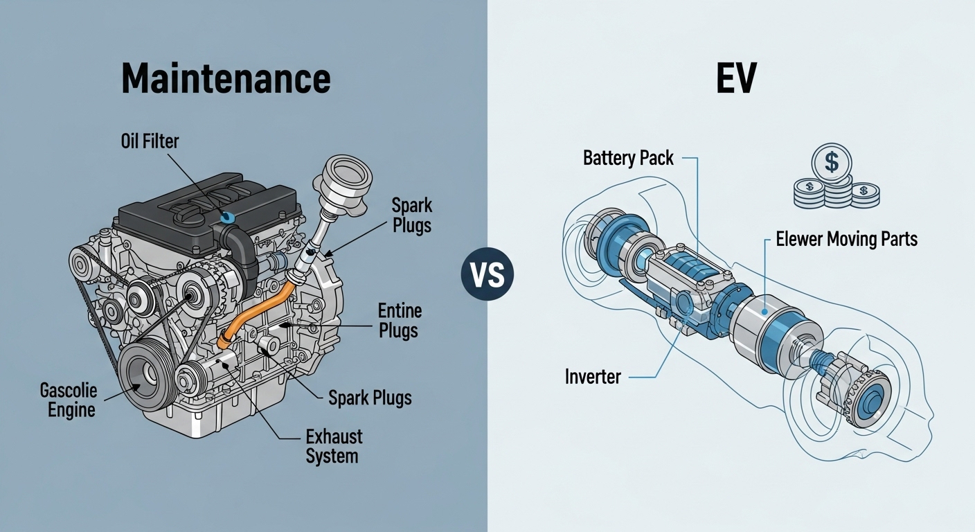 내연기관차와 전기차의 주요 유지보수 항목을 비교하는 다이어그램. 내연기관차는 엔진오일, 필터 등 복잡한 소모품을 보여주고, 전기차는 배터리, 모터 등 단순한 구조를 강조하여 낮은 유지보수 비용을 시각적으로 나타냅니다.