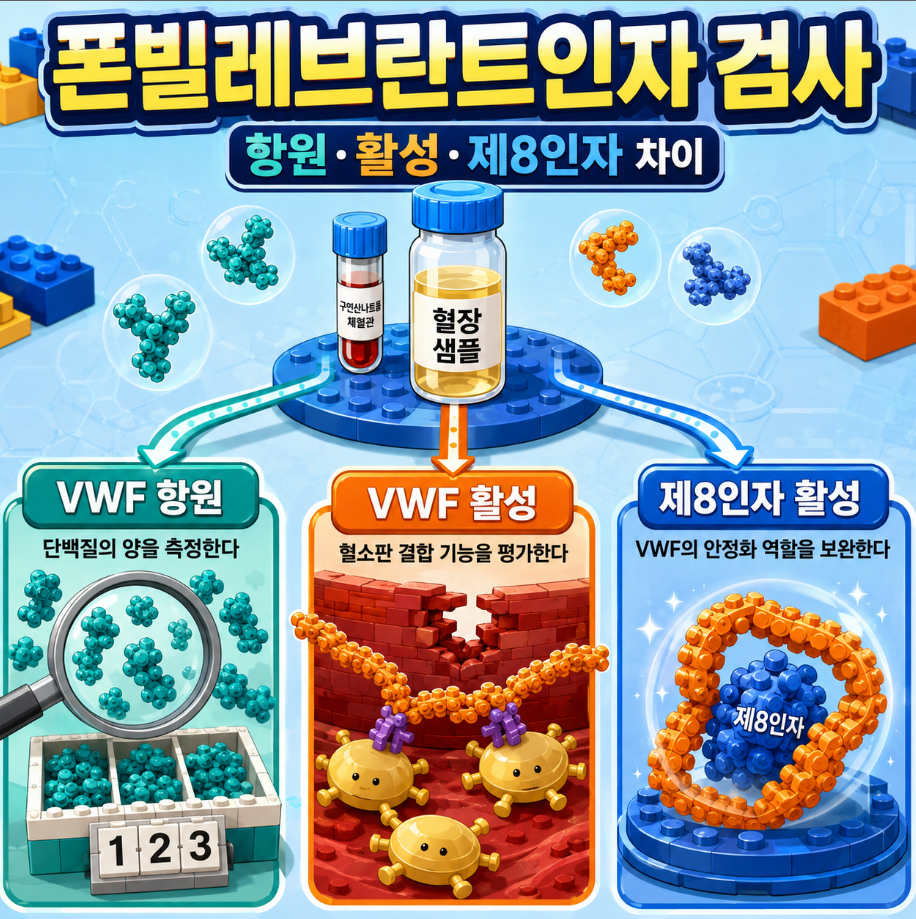 폰빌레브란트인자 검사에서 VWF 항원, VWF 활성, 제8인자 활성이 서로 다른 정보를 제공하는 원리를 설명한 의료 인포그래픽