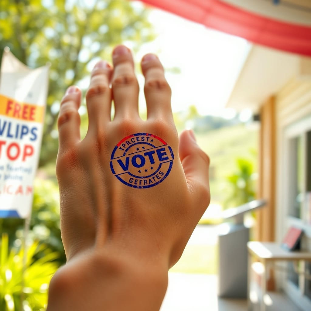 투표를 마친 후 투표 인증 스탬프를 보여주며 투표 참여를 독려하는 이미지입니다.