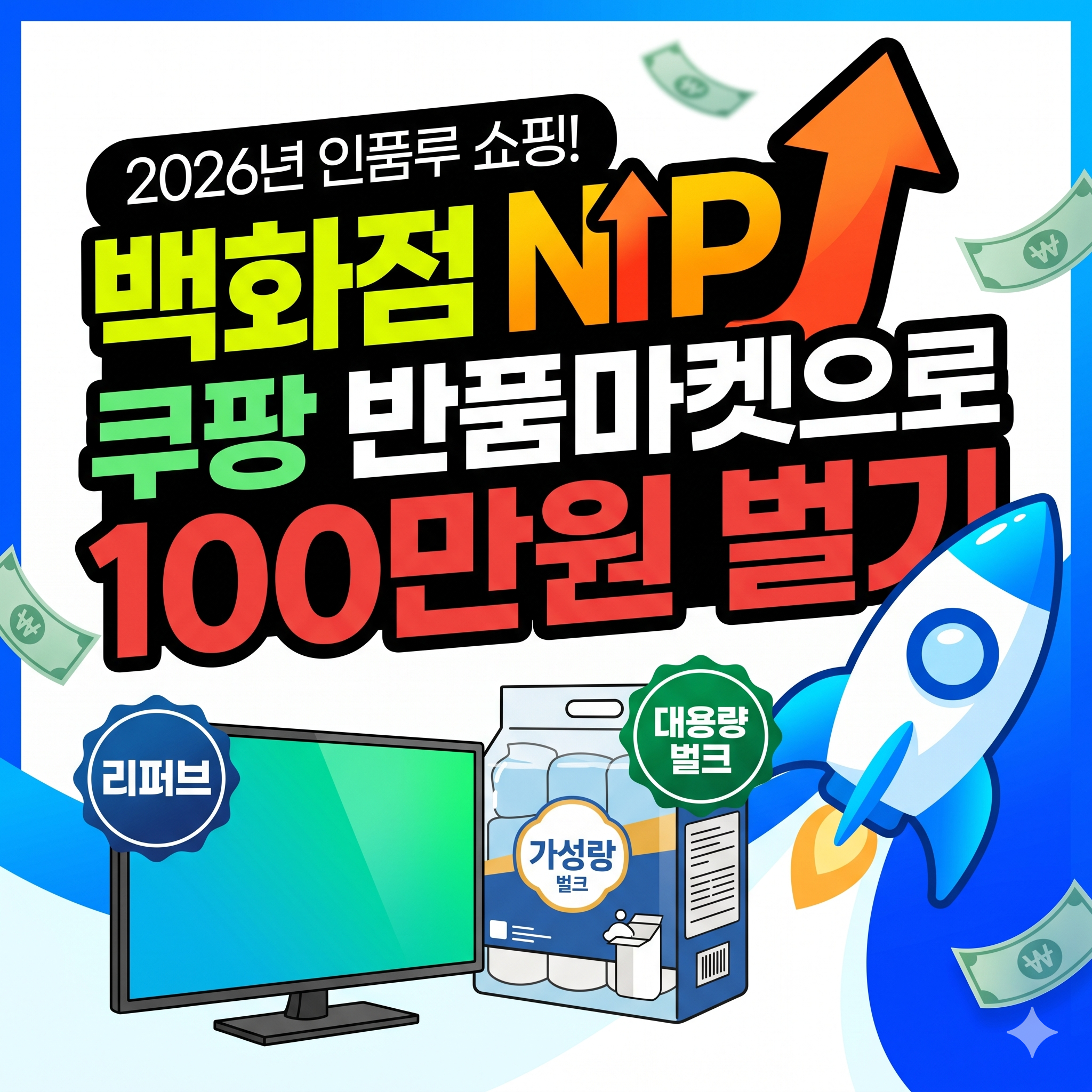 2026년 고물가 시대 소비 트렌드인 백화점 대신 쿠팡 반품마켓과 대용량 벌크 구매를 통해 100만원을 절약하는 방법을 설명하는 블로그 썸네일 이미지. 리퍼브 가전 제품인 TV와 대용량 세제, 그리고 상승하는 화살표와 로켓 아이콘이 포함된 디자인.