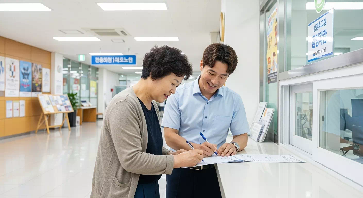 읍면동 주민센터 창구에서 선불카드를 신청하는 여성과 공무원의 안내 장면