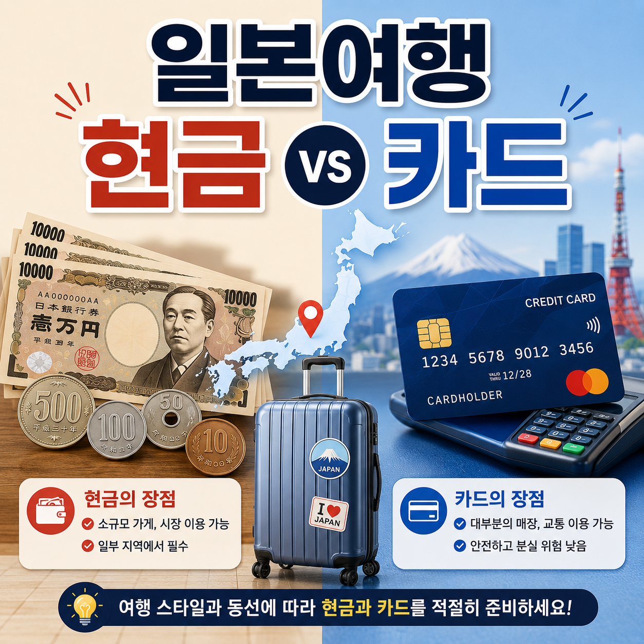 일본여행 현금 카드 사용과 엔화 환전 준비 방법을 비교한 이미지